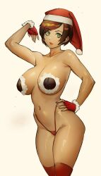 Rule 34 | 1girl, 4 orz, bare shoulders, breasts, brown hair, christmas, commentary, dark-skinned female, dark skin, dated, fingerless gloves, gloves, green eyes, hat, highres, hospital rokunin no ishi, large breasts, lips, looking at viewer, maria torres, navel, red gloves, santa hat, short hair, simple background, solo, thighhighs, thong, white background