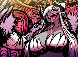 Rule 34 | 1girl, aohada bocchi, bikini, black footwear, blonde hair, blue eyes, breasts, ceiling, cleavage, coat, demon horns, demon tail, drooling, fur coat, fur trim, hair over one eye, halo, hand up, heart, highres, horns, huge breasts, indoors, limited palette, long tongue, looking at viewer, nail polish, pillar, pink eyes, pink nails, pointy ears, saliva, saliva trail, sera (aohada bocchi), shading mismatch, sharp teeth, smile, solo, swimsuit, tail, teeth, tongue, tongue out, upper body, white bikini, white horns, zyugoya