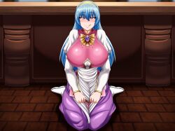 Rule 34 | 1girl, :q, blue hair, blush, breasts, counter, dress, estpolis denki, female focus, full body, gem, hairband, huge breasts, jewelry, large breasts, licking, licking lips, long hair, looking at viewer, lufia, merchant, naughty face, necklace, nightmare-doom, pendant, pov, puffy sleeves, purple eyes, sitting, smile, tia (estpolis denki), tongue, tongue out, very long hair