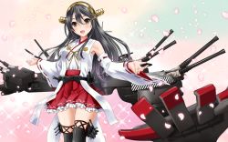 Rule 34 | 10s, 1girl, :d, black thighhighs, brown eyes, commentary request, detached sleeves, gradient background, grey hair, hair ornament, hairband, hairclip, haruna (kancolle), kantai collection, long hair, looking at viewer, machinery, neko danshaku, nontraditional miko, open mouth, outstretched arms, petals, pleated skirt, skirt, smile, solo, sparkle, spread arms, thighhighs, turret, zettai ryouiki