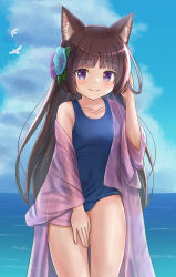 Rule 34 | 1girl, absurdres, animal, animal ear fluff, animal ears, bare shoulders, bird, black hair, blue flower, blue one-piece swimsuit, blue sky, breasts, cat ears, closed mouth, cloud, cloudy sky, collarbone, commentary request, covered navel, day, flower, hair flower, hair ornament, hand up, highres, horizon, iroha (iroha matsurika), long sleeves, looking at viewer, mutsuki (iroha (iroha matsurika)), ocean, off shoulder, old school swimsuit, one-piece swimsuit, original, outdoors, purple eyes, purple flower, school swimsuit, sky, small breasts, smile, solo, swimsuit, water, wide sleeves