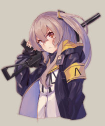 1girl armband black_jacket brown_hair commentary_request crossed_bangs fingerless_gloves girls&#039;_frontline gloves gun highres holding holding_gun holding_weapon hood hood_down hooded_jacket jacket long_hair open_clothes open_jacket ranyu scar scar_across_eye scar_on_face solo ump45_(girls&#039;_frontline) weapon