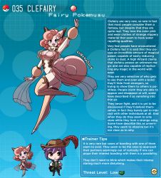 Rule 34 | 2girls, animal ears, arm up, artist name, blue eyes, breasts, character name, character profile, clefairy, closed mouth, creatures (company), english text, full body, game freak, gen 1 pokemon, hair between eyes, hat, highres, kinkymation, leg up, long sleeves, looking at viewer, lower teeth only, mars symbol, multiple girls, necktie, nintendo, numbered, open mouth, personification, pokemon, purple hair, red hair, teeth, thighhighs