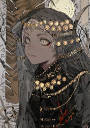 Rule 34 | 1girl, absurdres, black shirt, black veil, commentary request, dark-skinned female, dark skin, diadem, eyeshadow, facial mark, fang, fang out, full moon, gold trim, grey background, head chain, high collar, highres, hiranko, huge filesize, jewelry, looking at viewer, makeup, moon, necklace, original, red eyeshadow, shirt, signature, solo, upper body, veil, white hair, yellow eyes