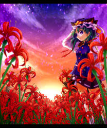 Rule 34 | 1girl, blue eyes, female focus, flower, green hair, hand on headwear, hat, letterboxed, qontamblue, rod of remorse, shiki eiki, short hair, skirt, solo, spider lily, sunset, touhou