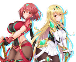 Rule 34 | 2girls, aegis sword (xenoblade), bare shoulders, black gloves, blonde hair, blush, bob cut, breasts, chest jewel, covered navel, dress, earrings, elbow gloves, fingerless gloves, gem, gloves, headpiece, highres, jewelry, large breasts, long hair, looking at viewer, multiple girls, mythra (massive melee) (xenoblade), mythra (xenoblade), nintendo, pantyhose, pantyhose under shorts, pyra (xenoblade), red eyes, red hair, red legwear, red shorts, reirall, short hair, short shorts, shorts, super smash bros., swept bangs, sword, thigh strap, thighhighs, tiara, weapon, xenoblade chronicles (series), xenoblade chronicles 2, yellow eyes