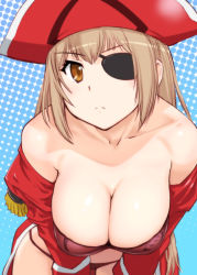Rule 34 | 10s, 1girl, amagi brilliant park, bare shoulders, bikini, bikini under clothes, breasts, brown eyes, brown hair, cleavage, collarbone, downblouse, eyepatch, hat, large breasts, leaning forward, long hair, long sleeves, off shoulder, pirate hat, red bikini, sento isuzu, solo, swimsuit, swimsuit under clothes, ueyama michirou