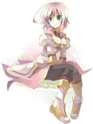 Rule 34 | 00s, 1girl, boots, dress, estellise sidos heurassein, fruit punch, full body, green eyes, knee boots, pants, pink hair, short hair, sitting, smile, solo, tales of (series), tales of vesperia