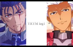 Rule 34 | 2boys, akujiki59, archer (fate), blood, blood on face, blue hair, closed mouth, commentary request, cu chulainn (fate), cu chulainn (fate/stay night), fate (series), grey eyes, looking at viewer, male focus, multiple boys, official style, outdoors, red eyes, short hair, smile, upper body, white hair
