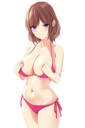 Rule 34 | 1girl, absurdres, areola slip, bare arms, bare legs, bare shoulders, bikini, blush, breasts, brown hair, cleavage, collarbone, covering privates, covering breasts, female focus, groin, halterneck, hands over breasts, highres, large breasts, looking at viewer, marui koishi, medium hair, navel, original, pink bikini, purple eyes, red bikini, side-tie bikini bottom, sidelocks, simple background, smile, solo, swimsuit, thighs, white background