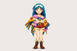 Rule 34 | 1girl, blue hair, closed mouth, full body, hairband, jewelry, long hair, looking at viewer, lucia (lunar), lunar, lunar 2: eternal blue, necklace, pixel art, pixelflag, simple background, smile, solo