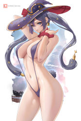 Rule 34 | 1girl, absurdres, arm behind head, blue eyes, bow, bowtie, breasts, cleavage, clenched teeth, covered erect nipples, cowboy shot, detached collar, evening, from side, genshin impact, hair between eyes, hands up, hat, heart, heart-shaped pupils, highres, large breasts, linea alba, long hair, looking at viewer, melowh, mona (genshin impact), navel, one-piece swimsuit, outdoors, outside border, patreon logo, patreon username, purple hair, purple one-piece swimsuit, red bow, red bowtie, revealing clothes, sideboob, sideless outfit, skindentation, slingshot swimsuit, solo, strap gap, swimsuit, symbol-shaped pupils, teeth, thighs, twintails, witch hat, wrist cuffs