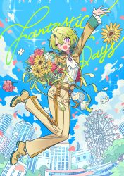 Rule 34 | 1boy, arm up, ascot, bad id, bad pixiv id, blue sky, bouquet, building, cloud, day, ensemble stars!, ferris wheel, flower, full body, green hair, hair between eyes, highres, holding, holding bouquet, jacket, jumping, long sleeves, looking at viewer, male focus, meremero, one eye closed, open mouth, outdoors, outstretched arm, petals, purple eyes, shirt, shoes, short hair, sky, smile, solo, sparkle, tomoe hiyori, white ascot, white shirt, yellow flower, yellow footwear, yellow jacket