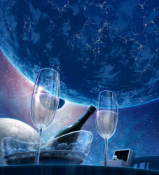 Rule 34 | backlighting, bad id, bad pixiv id, blue theme, bowl, chair, champagne bottle, champagne flute, commentary, cup, dark, diffraction spikes, drinking glass, engagement ring, highres, ice, jewelry, lens flare, moon, no humans, original, ornate ring, planet, ring, scenery, space, star (sky), still life, table, yumemizuki