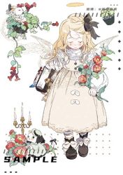 Rule 34 | 1girl, angel, angel wings, artist name, black bow, black bowtie, black eyes, black footwear, blonde hair, book, book stack, boots, bow, bowtie, braid, buttons, candle, candlestand, child, closed mouth, collared shirt, dated, dress, dress bow, feathered wings, fire, flower, flower request, footwear bow, frilled dress, frilled sleeves, frills, full body, green dress, green hat, hair bow, half-closed eyes, halo, hat, hat bow, holding, holding book, holding flower, lace-trimmed collar, lace trim, leaf, light blush, light smile, long hair, long sleeves, maobing maobing, original, pantyhose, plant, puffy long sleeves, puffy sleeves, rabbit, red flower, sample watermark, shirt, single braid, sleeveless, sleeveless dress, sleeves past wrists, solo, stamp mark, striped clothes, striped pantyhose, two-tone pantyhose, vines, watermark, white background, white bow, white pantyhose, white shirt, white wings, wings, yellow bow, yellow dress, yellow halo, yellow pantyhose