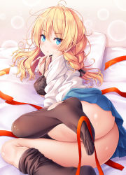 Rule 34 | 1girl, akashio (loli ace), ass, black bra, blonde hair, blouse, blue eyes, blue skirt, bra, braid, breasts, brown thighhighs, commentary request, darjeeling (girls und panzer), dress shirt, feet, female focus, girls und panzer, highres, lens flare, long hair, looking at viewer, lying, medium breasts, messy hair, miniskirt, no panties, no shoes, on bed, on side, open clothes, open shirt, parted lips, pillow, pleated skirt, red ribbon, ribbon, shirt, sidelocks, skirt, solo, strap pull, thighhighs, thighs, underwear, white shirt