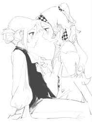 Rule 34 | 2girls, ascot, blush, braid, checkered hairband, closed mouth, clothes pull, commentary, eye contact, forehead-to-forehead, greyscale, hair bun, heads together, highres, long sleeves, looking at another, monochrome, multiple girls, parted lips, perorem, reverse:1999, shirt, side braid, single side bun, sitting, sonetto (reverse:1999), vertin (reverse:1999), vest, yuri