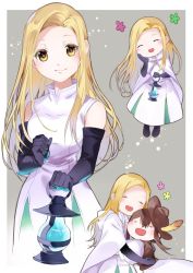 Rule 34 | 1girl, blonde hair, blush, chibi, cleric, dress, gloves, jewelry, long hair, looking at viewer, multiple views, necklace, oboro keisuke, octopath traveler, octopath traveler i, ophilia (octopath traveler), priestess, short hair, simple background, smile, yellow eyes