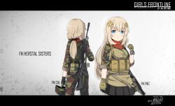 Rule 34 | 2girls, absurdres, ammunition pouch, artist name, assault rifle, belt pouch, between breasts, bilingual, black gloves, black skirt, blonde hair, blue eyes, blush, breasts, brown gloves, brown pants, brown shirt, buckle, camouflage, camouflage headwear, camouflage pants, camouflage shirt, celtic cross, character name, chest rig, chin strap, chinese commentary, closed mouth, combat helmet, combat shirt, commentary, commentary request, company connection, company name, copyright name, cowboy shot, cross, dated, dog tags, english commentary, facing away, fatigues, feet out of frame, fn cal, fn cal (girls&#039; frontline) (kochiya tenko), fn fnc, fn herstal, fnc (girls&#039; frontline), from behind, girls&#039; frontline, gloves, green headwear, green pants, green shirt, grey background, gun, gun sling, hand up, helmet, highres, holding, holding dog tags, holding helmet, kochiya tenko, letterboxed, long hair, looking at viewer, low ponytail, medium breasts, military uniform, miniskirt, mixed-language commentary, mixed-language text, multicolored pants, multicolored shirt, multiple girls, no nose, original, pants, pleated skirt, pocket, pouch, rifle, shirt, signature, skirt, sleeves past elbows, sleeves rolled up, snap-fit buckle, standing, uniform, unworn headwear, unworn helmet, weapon, weapon behind back, weapon name, white background, woodland camouflage