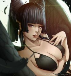 Rule 34 | 1girl, alternate hairstyle, artist name, bikini, bird wings, black hair, black wings, blunt bangs, breasts, cleavage, collarbone, dead or alive, dead or alive 5, eyelashes, feathers, hair ornament, large breasts, magion02, mole, mole under mouth, nose, nyotengu, parted lips, patreon username, purple eyes, signature, solo, swimsuit, teeth, tongue, tongue out, upper body, watermark, web address, wings