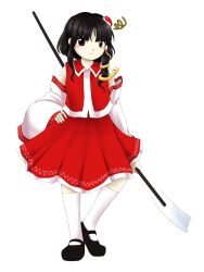 Rule 34 | 1girl, adapted costume, alternate color, alternate hairstyle, bare shoulders, black footwear, black hair, breasts, closed mouth, collared vest, commentary request, cosplay, detached sleeves, full body, gohei, hair ornament, hakurei reimu, hand on own hip, heel up, highres, holding, holding gohei, kneehighs, kochiya sanae, kochiya sanae (cosplay), long hair, long sleeves, looking at viewer, mary janes, nontraditional miko, official style, parasite oyatsu, parted bangs, red eyes, red skirt, red vest, shoes, sidelocks, simple background, skirt, skirt set, small breasts, snake hair ornament, socks, standing, tachi-e, touhou, transparent background, vest, white sleeves, white socks, wide sleeves, yin yang, yin yang hair ornament, zun (style)