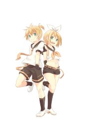 Rule 34 | 1boy, 1girl, aqua eyes, arm warmers, arms behind back, black legwear, black shorts, blonde hair, blush stickers, brother and sister, crop top, full body, hair ornament, hair ribbon, hairclip, hand in pocket, highres, hpflower, kagamine len, kagamine rin, looking at viewer, midriff, navel, necktie, open mouth, ponytail, ribbon, sailor collar, shoes, short hair, shorts, siblings, smile, socks, standing, standing on one leg, twins, vocaloid, white background, white footwear