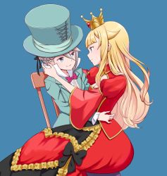 Rule 34 | 2girls, alice in wonderland, ange (princess principal), aqua hat, black ribbon, blazer, blonde hair, blue background, blue eyes, bow, braid, brown hair, center frills, chair, closed mouth, commentary request, cosplay, crown, dress, frills, hair between eyes, hair flaps, hair ribbon, hat, jacket, long hair, looking at another, mad hatter (alice in wonderland), mad hatter (alice in wonderland) (cosplay), multiple girls, pink bow, princess (princess principal), princess principal, puffy sleeves, queen of hearts (alice in wonderland), queen of hearts (cosplay), red dress, ribbon, shirt, sitting, sitting on lap, sitting on person, smile, top hat, waon (waon oekk), white shirt