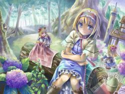 Rule 34 | 1girl, alice margatroid, animal, bad id, bad pixiv id, bird, blonde hair, blue eyes, blush, boots, bow, capelet, crossed arms, cup, doll, dress, female focus, flower, forest, hair bow, house, hydrangea, kettle, long hair, multiple girls, nagayo, nature, open mouth, shanghai doll, short hair, sitting, smile, solo, teapot, touhou, tree