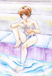 Rule 34 | 1girl, artist request, bad id, bad pixiv id, bandaged chest, bandages, blue male swimwear, blue swim briefs, brown eyes, brown hair, character request, copyright request, eyewear on head, female focus, frown, full body, goggles, goggles on head, looking at viewer, male swimwear, pool, poolside, short hair, sitting, solo, sweat, swim briefs, swimsuit, water