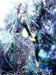 Rule 34 | 1girl, abstract background, anklet, aqua eyes, aqua nails, arm tattoo, bare shoulders, barefoot, black thighhighs, blouse, blue hair, breasts, closed mouth, detached sleeves, flower, full body, grey shirt, hair between eyes, hanpen (ihtb), hatsune miku, hatsune miku (append), headphones, jewelry, long hair, long sleeves, looking at viewer, nail polish, navel, number tattoo, open clothes, open shirt, shirt, sitting, sleeveless, sleeveless shirt, small breasts, smile, solo, stomach, tattoo, thighhighs, thighs, toeless legwear, toenail polish, toenails, toes, twintails, very long hair, vocaloid, vocaloid append