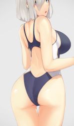 Rule 34 | 1girl, absurdres, ass, blue eyes, blue one-piece swimsuit, breasts, competition swimsuit, grey background, hair over one eye, hamakaze (kancolle), highres, kantai collection, large breasts, looking at viewer, one-piece swimsuit, parted lips, short hair, sideboob, silver hair, simple background, solo, swimsuit, wasavi 8