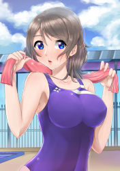 10s 1girl absurdres blacbear blue_eyes blue_one-piece_swimsuit blush breasts brown_hair competition_swimsuit highres lips love_live! love_live!_sunshine!! one-piece_swimsuit pool purple_one-piece_swimsuit short_hair solo swimsuit towel watanabe_you