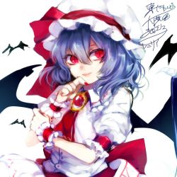 Rule 34 | 1girl, ascot, bad id, bad twitter id, bat wings, brooch, daimaou ruaeru, dress, hair between eyes, hand on own chin, hat, highres, jewelry, light purple hair, light smile, looking at viewer, mob cap, puffy short sleeves, puffy sleeves, red eyes, remilia scarlet, short hair, short sleeves, simple background, slit pupils, solo, touhou, white background, white dress, wings