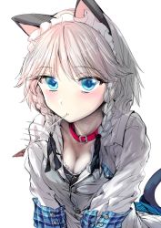 Rule 34 | 1girl, all fours, alternate costume, animal collar, animal ears, blue eyes, blush, braid, breasts, cat ears, cat tail, cleavage, collar, fish, geppewi, hair ribbon, izayoi sakuya, kemonomimi mode, looking at viewer, maid headdress, out of frame, ribbon, short hair, silver hair, simple background, solo, tail, touhou, tress ribbon, twin braids, white background