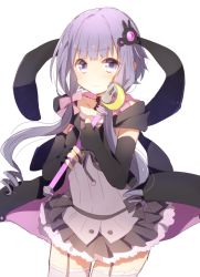 Rule 34 | 1girl, black gloves, black skirt, choker, cowboy shot, elbow gloves, frilled skirt, frills, gloves, hair ornament, hair ribbon, harusawa, looking at viewer, low twintails, miniskirt, pleated skirt, purple eyes, purple hair, ribbon, ribbon choker, simple background, skirt, solo, twintails, vocaloid, voiceroid, wand, wavy mouth, white background, yuzuki yukari