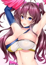 Rule 34 | 10s, 1girl, :3, ahoge, armpits, arms up, bandeau, bare shoulders, blue eyes, blush, bow, breasts, brown hair, cheerleader, choker, cleavage, detached sleeves, fang, hair bow, highres, ichinose shiki, idolmaster, idolmaster cinderella girls, large breasts, long hair, looking at viewer, midriff, navel, nipple slip, nipples, open mouth, pom pom (cheerleading), sankakusui, shiny skin, skindentation, smile, solo, strapless, sweat, tube top, twintails, two side up, wavy hair