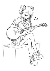 Rule 34 | 1girl, :d, blush, boots, copyright request, crossed legs, double bun, eighth note, full body, greyscale, guitar, hair bun, holding, holding instrument, instrument, long hair, looking away, looking down, monochrome, music, musical note, open mouth, playing instrument, pleated skirt, puffy short sleeves, puffy sleeves, saiste, shirt, short sleeves, simple background, sitting, sketch, skirt, smile, solo, vest, white background, wristband