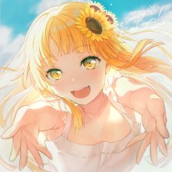Rule 34 | 1girl, :d, absurdres, bang dream!, blonde hair, blush, breasts, character name, cloud, dated, day, dress, english text, flower, frilled straps, hair flower, hair ornament, happy birthday, head tilt, highres, long hair, looking at viewer, medium breasts, nobusawa osamu, open mouth, outdoors, outstretched arms, sidelocks, sky, sleeveless, sleeveless dress, smile, solo, sundress, sunflower, sunflower hair ornament, tsurumaki kokoro, upper body, white dress, yellow eyes