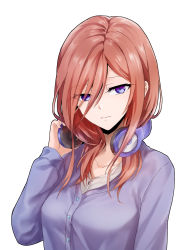 Rule 34 | 1girl, blue cardigan, blue eyes, breasts, brown hair, cardigan, closed mouth, collarbone, commentary, fingernails, go-toubun no hanayome, hair between eyes, hand on headphones, headphones, headphones around neck, highres, long sleeves, looking at viewer, medium breasts, medium hair, nakano miku, shirt, simple background, solo, suprii, upper body, white background, white shirt