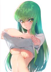 Rule 34 | 1girl, breasts, brown eyes, c.c., cleavage, clothes lift, code geass, commentary request, creayus, green hair, hair between eyes, lifting own clothes, long hair, looking at viewer, medium breasts, no bra, parted lips, pinky out, scar, shirt lift, sidelocks, simple background, solo, sweat, underboob, undressing, upper body, white background