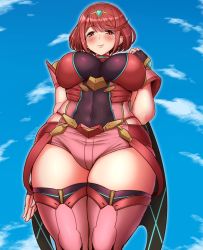 Rule 34 | 1girl, black gloves, breasts, chest jewel, earrings, fingerless gloves, gloves, jewelry, large breasts, pyra (xenoblade), red eyes, red hair, red shorts, red thighhighs, short hair, short shorts, shorts, solo, swept bangs, thighhighs, tiara, tyranu, xenoblade chronicles (series), xenoblade chronicles 2