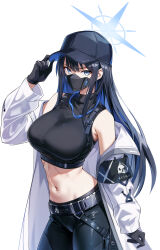 Rule 34 | 1girl, absurdres, bare shoulders, baseball cap, bee doushi, belt, black gloves, black hair, black hat, black pants, black shirt, blue archive, blue eyes, blue hair, blunt bangs, breasts, coat, commentary request, crop top, gloves, halo, hat, head tilt, highres, large breasts, leggings, long hair, long sleeves, looking at viewer, mask, midriff, mouth mask, multicolored hair, navel, off shoulder, open clothes, open coat, pants, saori (blue archive), shirt, sidelocks, simple background, sleeveless, sleeveless shirt, solo, stomach, two-tone hair, white background, white coat