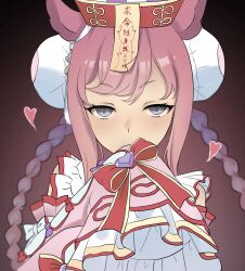 Rule 34 | 1girl, agnes digital (lovely jiangshi) (umamusume), agnes digital (umamusume), animal ears, blue eyes, blush, braid, commentary request, covered mouth, detached sleeves, double bun, hair bun, hat, highres, horei tsuna, horse ears, horse girl, jiangshi costume, long braid, long hair, long sleeves, looking at viewer, official alternate costume, official alternate hairstyle, ofuda, pink background, pink hair, portrait, solo, talisman, twin braids, umamusume