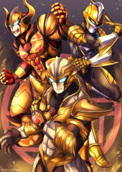 Rule 34 | 3boys, absolute diavolo, absolute tartarus, absolute titan, alien, arm blade, armor, blue eyes, bracelet, breastplate, capelet, chest tattoo, demon horns, evil grin, evil smile, full armor, glowing, glowing eyes, gold, gold armor, gold trim, grin, highres, holding, holding sword, holding weapon, horns, huge horns, jewelry, knight, long sword, male focus, multiple boys, open mouth, pauldrons, piaceen3870, shoulder armor, shoulder pads, smile, sword, tattoo, tokusatsu, ultra galaxy fight: the absolute conspiracy, ultra galaxy fight: the destined crossroad, ultra series, weapon, white capelet
