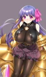 Rule 34 | 10s, 1girl, bare shoulders, belt, black pantyhose, blush, breasts, collar, dated, fate/extra, fate/extra ccc, fate/grand order, fate (series), female focus, gauntlets, grey background, hair ornament, hair ribbon, hattori masaki, highres, huge breasts, long hair, looking at viewer, pantyhose, passionlip (fate), purple eyes, purple hair, ribbon, shorts, simple background, solo, standing, striped clothes, striped shorts, very long hair, weapon