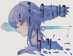 Rule 34 | 1girl, artist name, blue hair, blue theme, blue wings, blush, closed eyes, colored eyelashes, dissolving, feathered wings, female focus, final fantasy, final fantasy xiv, from side, glitch, grey background, haisen, head wings, light blush, meteion, open mouth, portrait, profile, short hair, sidelocks, signature, simple background, solo, u u, wings