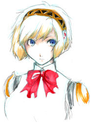 Rule 34 | 1girl, aegis (persona), android, atlus, blonde hair, blue eyes, bow, detached collar, persona, persona 3, ribbon, shinocco, short hair, sketch, solo, white background