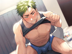 Rule 34 | 2boys, abs, bara, bare pectorals, black tank top, blue male underwear, blush, boxer briefs, bulge, clothes lift, erection, erection under clothes, green eyes, green hair, hao (haozz), large pectorals, lifting own clothes, male underwear, multiple boys, muscular, muscular male, navel, nipples, on person, original, pectorals, precum, precum through clothes, sideburns, sitting, sitting on person, smile, solo focus, sweat, sweatdrop, tank top, teeth, thick thighs, thighs, undercut, underwear, yaoi