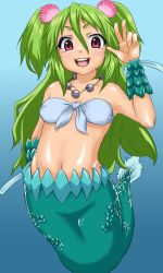 Rule 34 | blue background, fins, fish tail, green hair, green tail, groin, highres, jewelry, mermaid, monster girl, muromi-san, namiuchigiwa no muromi-san, necklace, red eyes, seashell, shell, simple background, solo, tail, twintails, two side up