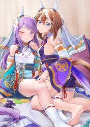Rule 34 | 2girls, absurdres, animal ears, bare shoulders, barefoot, blue eyes, blue shorts, blush, bow, breasts, brown hair, closed mouth, commentary request, cosplay, detached sleeves, dress, ear covers, ear ornament, feet, hair between eyes, highres, horse ears, horse girl, jewelry, jtleeklm, long sleeves, looking at viewer, mejiro mcqueen (umamusume), multicolored hair, multiple girls, necklace, obi, official alternate costume, official alternate hairstyle, one eye closed, parted lips, purple eyes, purple hair, purple shorts, ribbon-trimmed socks, sash, shorts, small breasts, smile, soles, streaked hair, thighs, tokai teio (dream butterfly of purple clouds) (umamusume), tokai teio (umamusume), tokai teio (umamusume) (cosplay), umamusume, unworn clothes, veil, white dress, white hair